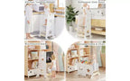 Tabouret de cuisine 3-en-1 pour enfant, tour d'apprentissage pliable avec tableau noir, table et chaise convertibles pour enfants, tabouret d'aide en bois, blanc