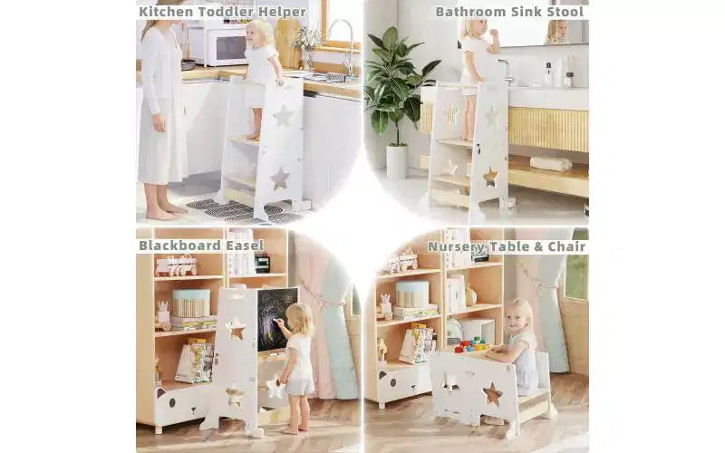 Tabouret de cuisine 3-en-1 pour enfant, tour d'apprentissage pliable avec tableau noir, table et chaise convertibles pour enfants, tabouret d'aide en bois, blanc