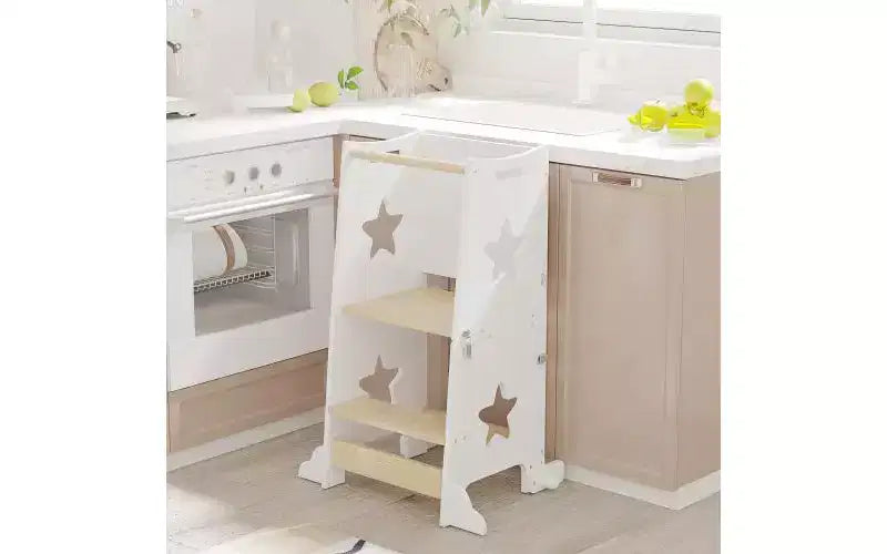 Tabouret de cuisine 3-en-1 pour enfant, tour d'apprentissage pliable avec tableau noir, table et chaise convertibles pour enfants, tabouret d'aide en bois, blanc