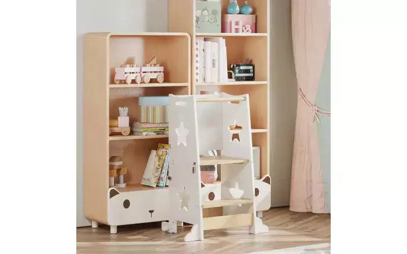 Tabouret de cuisine 3-en-1 pour enfant, tour d'apprentissage pliable avec tableau noir, table et chaise convertibles pour enfants, tabouret d'aide en bois, blanc
