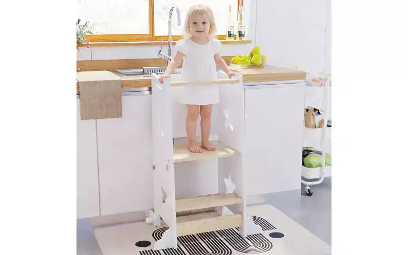 Tabouret de cuisine 3-en-1 pour enfant, tour d'apprentissage pliable avec tableau noir, table et chaise convertibles pour enfants, tabouret d'aide en bois, blanc
