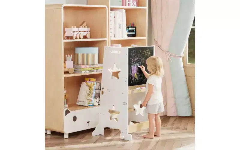 Tabouret de cuisine 3-en-1 pour enfant, tour d'apprentissage pliable avec tableau noir, table et chaise convertibles pour enfants, tabouret d'aide en bois, blanc