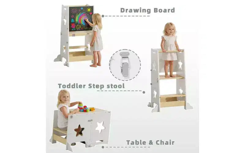 Tabouret de cuisine 3-en-1 pour enfant, tour d'apprentissage pliable avec tableau noir, table et chaise convertibles pour enfants, tabouret d'aide en bois, blanc