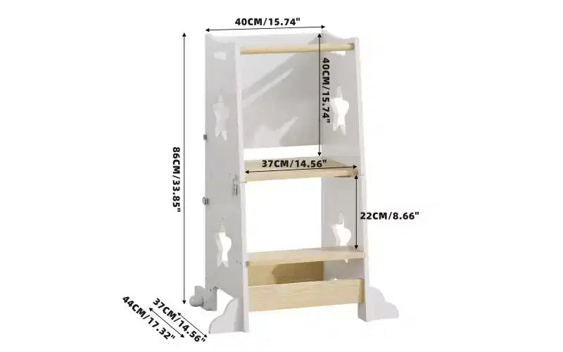 Tabouret de cuisine 3-en-1 pour enfant, tour d'apprentissage pliable avec tableau noir, table et chaise convertibles pour enfants, tabouret d'aide en bois, blanc