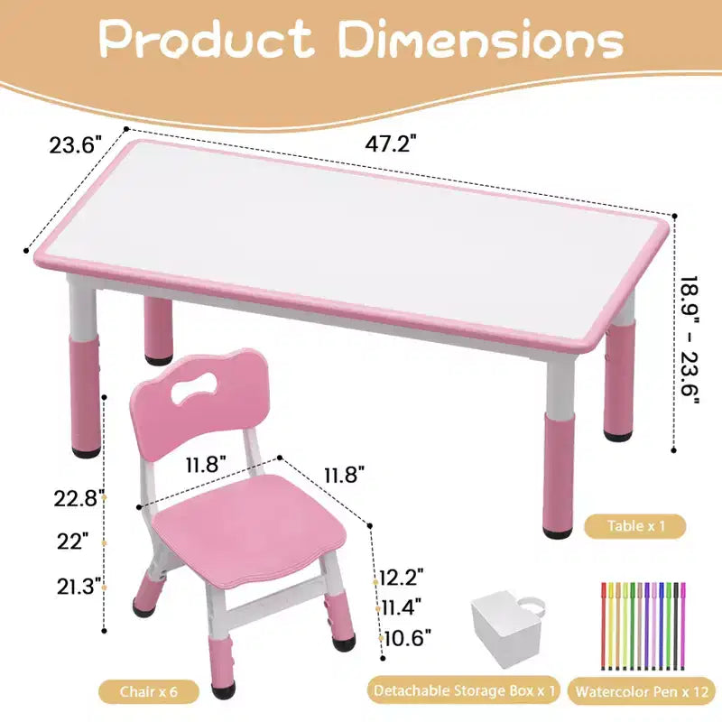 Ensemble table et 6 chaises réglables en hauteur pour enfants, plateau de table graffiti, pieds antidérapants, boîte de rangement, table d'activités pour tout-petits de 2 à 10 ans, maison, crèche