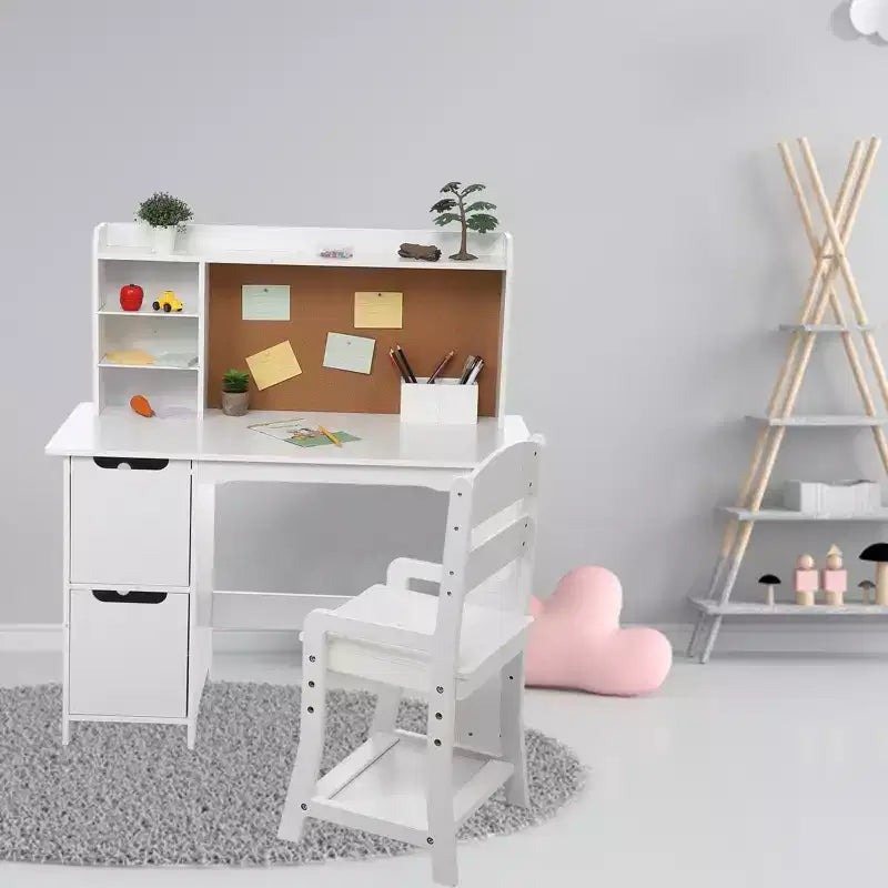Ensemble bureau et chaise pour enfants, table d'étude en bois avec étagère et rangement, tableau d'affichage, ensemble de bureau d'apprentissage scolaire pour enfants, pour enfants, blanc