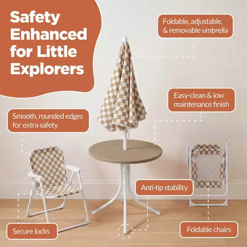 Table et chaises de jardin pour enfants Best Choice Products avec parasol, ensemble de pique-nique pliable 3 pièces pour tout-petits de 2 à 5 ans - Beige