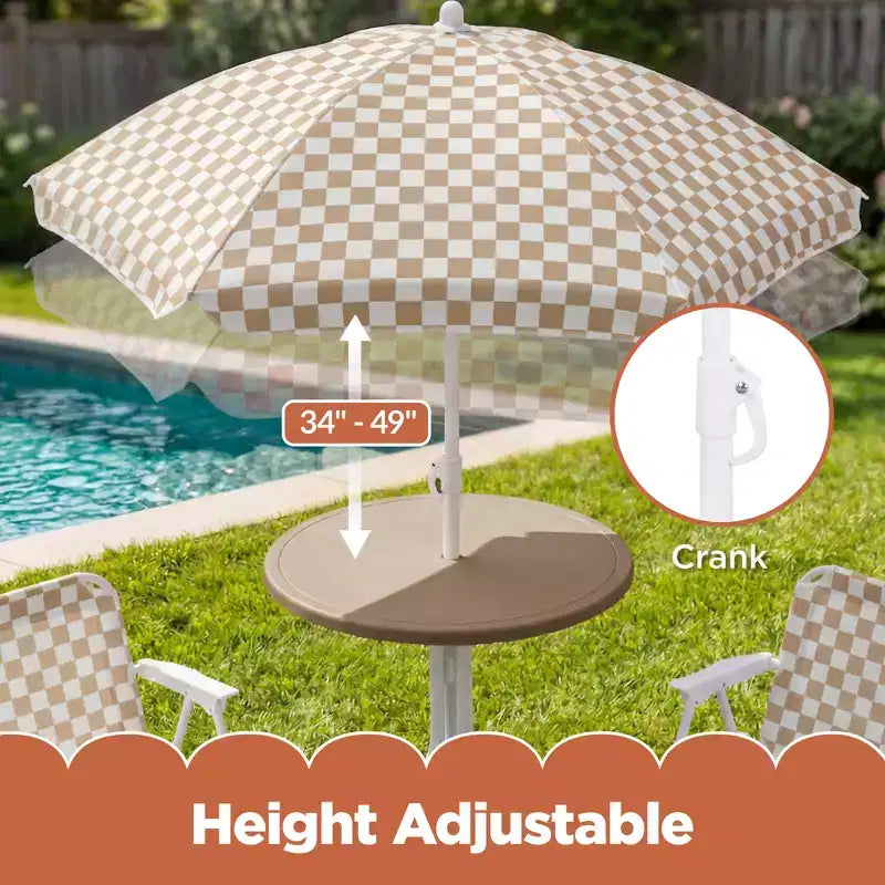 Table et chaises de jardin pour enfants Best Choice Products avec parasol, ensemble de pique-nique pliable 3 pièces pour tout-petits de 2 à 5 ans - Beige