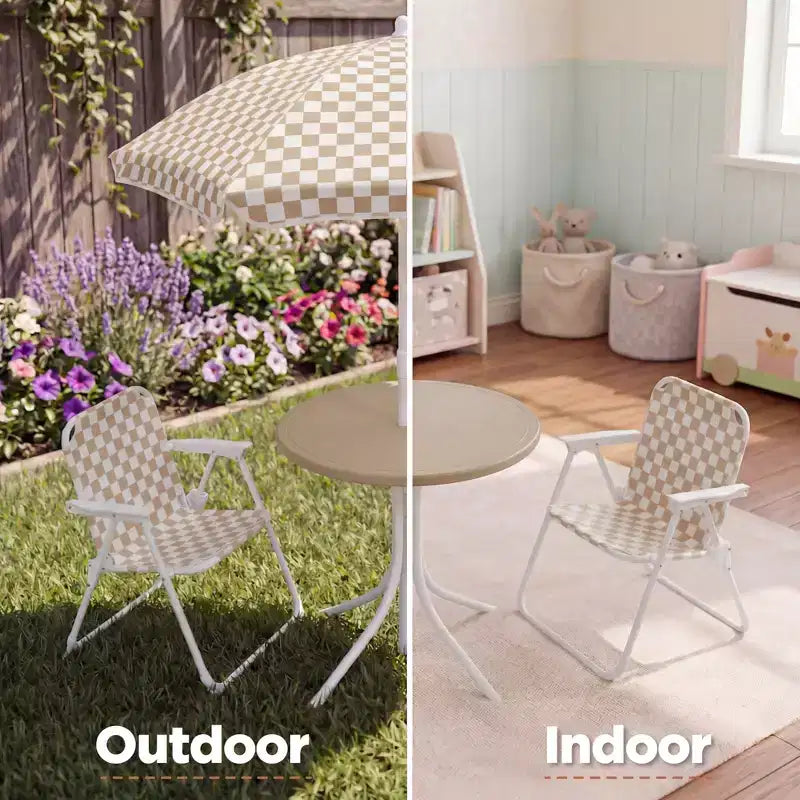 Table et chaises de jardin pour enfants Best Choice Products avec parasol, ensemble de pique-nique pliable 3 pièces pour tout-petits de 2 à 5 ans - Beige