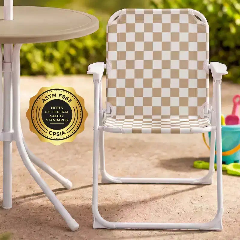 Table et chaises de jardin pour enfants Best Choice Products avec parasol, ensemble de pique-nique pliable 3 pièces pour tout-petits de 2 à 5 ans - Beige