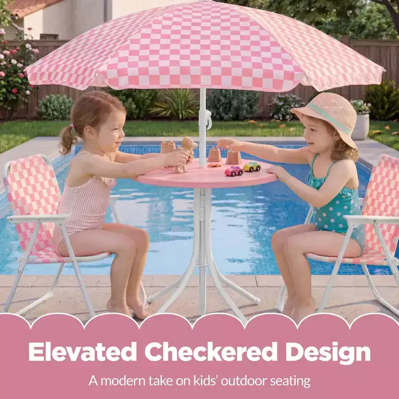 Ensemble de table et chaises d'extérieur pour enfants Best Choice Products avec parasol, ensemble de pique-nique pliable 3 pièces pour tout-petits âgés de 2 à 5 ans - Rose