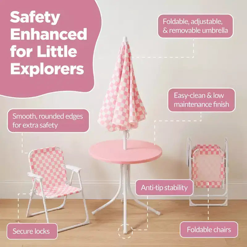 Ensemble de table et chaises d'extérieur pour enfants Best Choice Products avec parasol, ensemble de pique-nique pliable 3 pièces pour tout-petits âgés de 2 à 5 ans - Rose