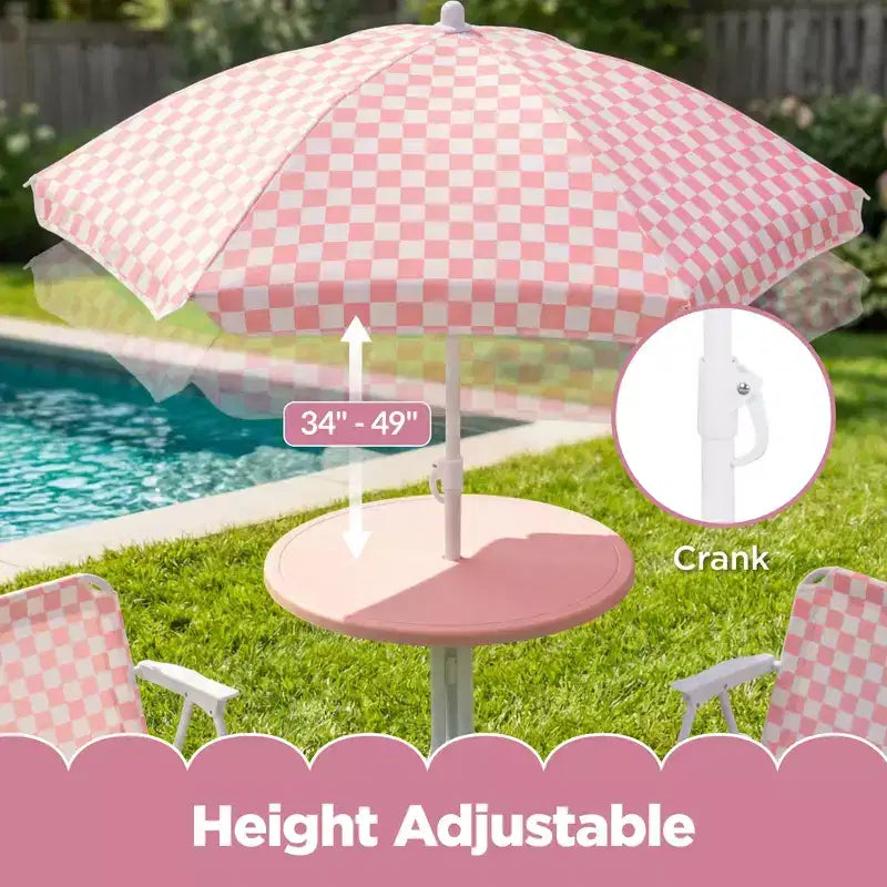 Ensemble de table et chaises d'extérieur pour enfants Best Choice Products avec parasol, ensemble de pique-nique pliable 3 pièces pour tout-petits âgés de 2 à 5 ans - Rose
