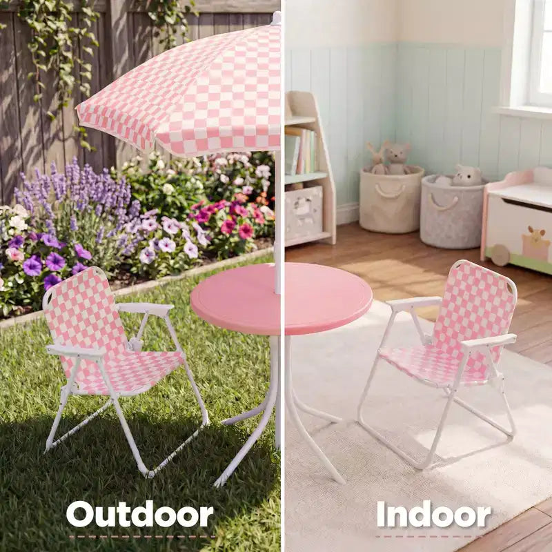 Ensemble de table et chaises d'extérieur pour enfants Best Choice Products avec parasol, ensemble de pique-nique pliable 3 pièces pour tout-petits âgés de 2 à 5 ans - Rose