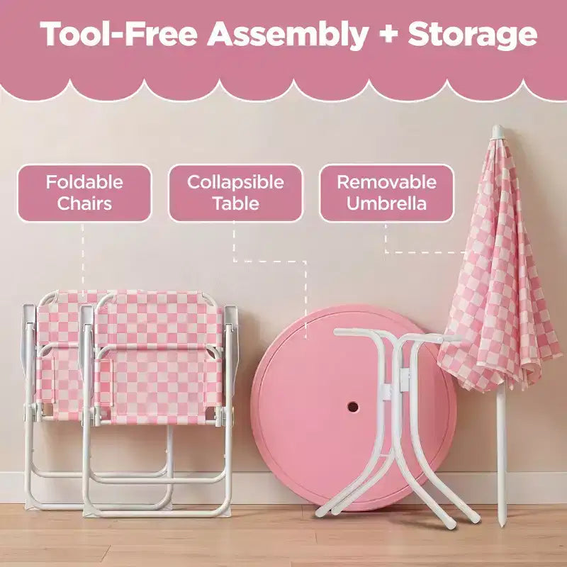 Ensemble de table et chaises d'extérieur pour enfants Best Choice Products avec parasol, ensemble de pique-nique pliable 3 pièces pour tout-petits âgés de 2 à 5 ans - Rose
