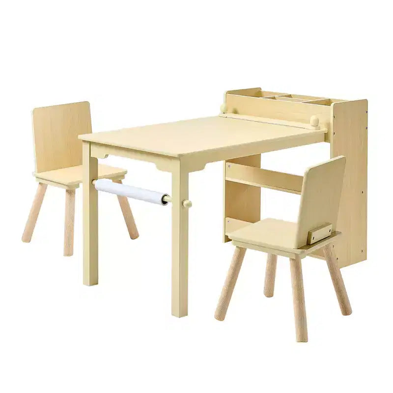 VEVOR Kids Art Table and Chair Set, Toddler Craft Table with 3 Tiers Storage Cabinet, Wooden Kids Activity Play Desk with 2 Chairs, Light Wood