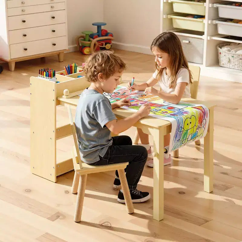 Table et chaise d'art pour enfants VEVOR, table d'artisanat pour tout-petits avec armoire de rangement à 3 niveaux, bureau d'activités en bois pour enfants avec 2 chaises, bois clair