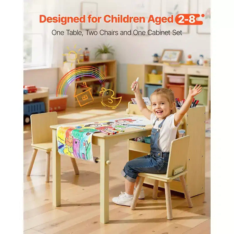 Table et chaise d'art pour enfants VEVOR, table d'artisanat pour tout-petits avec armoire de rangement à 3 niveaux, bureau d'activités en bois pour enfants avec 2 chaises, bois clair