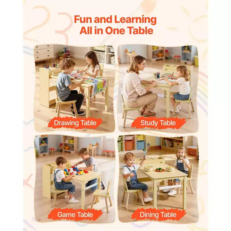 Table et chaise d'art pour enfants VEVOR, table d'artisanat pour tout-petits avec armoire de rangement à 3 niveaux, bureau d'activités en bois pour enfants avec 2 chaises, bois clair