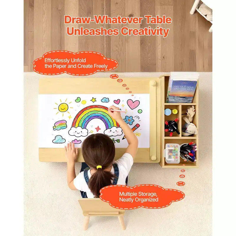 Table et chaise d'art pour enfants VEVOR, table d'artisanat pour tout-petits avec armoire de rangement à 3 niveaux, bureau d'activités en bois pour enfants avec 2 chaises, bois clair