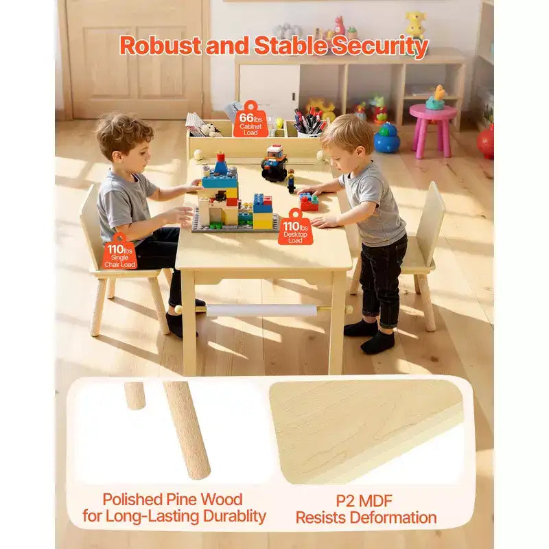 Table et chaise d'art pour enfants VEVOR, table d'artisanat pour tout-petits avec armoire de rangement à 3 niveaux, bureau d'activités en bois pour enfants avec 2 chaises, bois clair