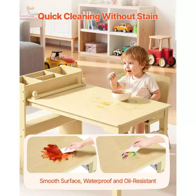 Table et chaise d'art pour enfants VEVOR, table d'artisanat pour tout-petits avec armoire de rangement à 3 niveaux, bureau d'activités en bois pour enfants avec 2 chaises, bois clair