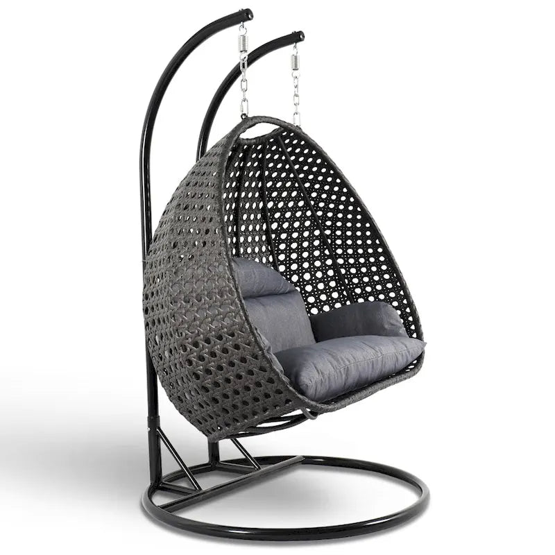 Fauteuil Suspendu Ovoïde avec Support Métallique, Cadre en Osier et Coussin – Beige / Bleu Anthracite / Blanc / Bleu / Blanc Antique / Marron / Toile, 2 Places