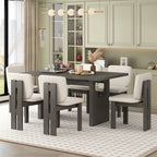 Ensemble table à manger 7 pièces, ensemble de table de cuisine en bois massif avec table rectangulaire, base en tréteaux design et 6 chaises rembourrées