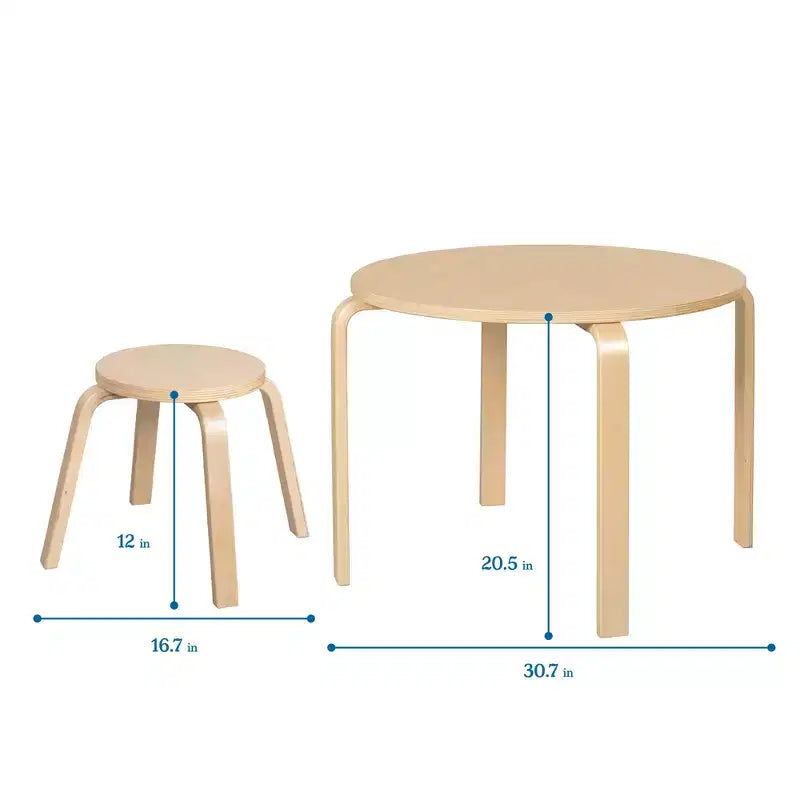 Ensemble table et tabourets ronds en bois courbé ECR4Kids, mobilier pour enfants, 5 pièces