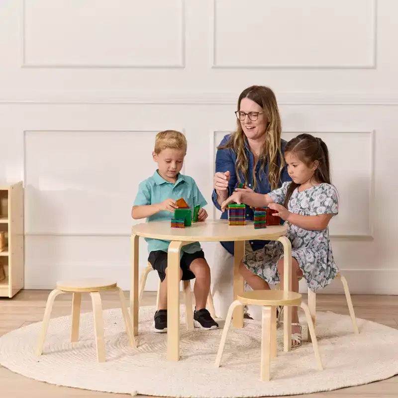 Ensemble table et tabourets ronds en bois courbé ECR4Kids, mobilier pour enfants, 5 pièces