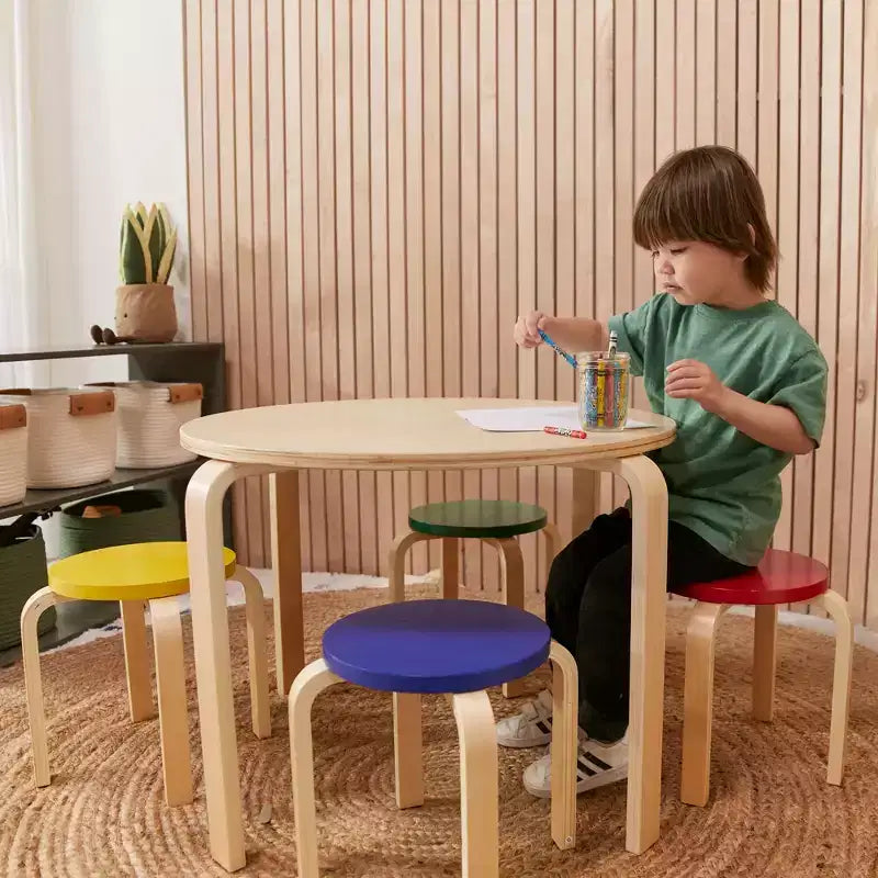 Ensemble table et tabourets ronds en bois courbé ECR4Kids, mobilier pour enfants, 5 pièces