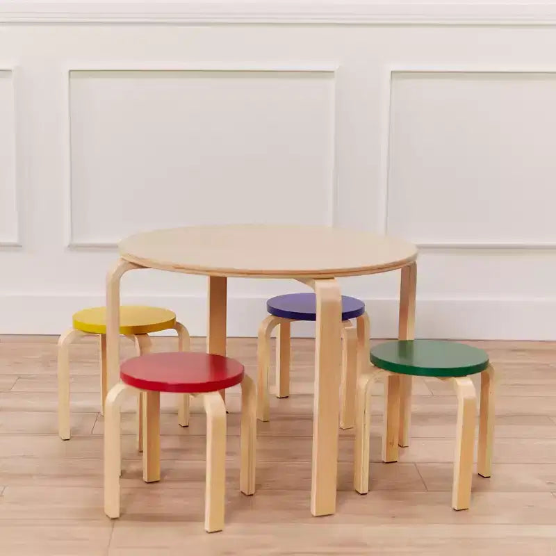 Ensemble table et tabourets ronds en bois courbé ECR4Kids, mobilier pour enfants, 5 pièces