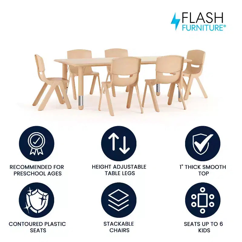 Ensemble Table d'activités rectangulaire en plastique réglable en hauteur Flash Furniture 23,625W x 47,25L avec 6 chaises