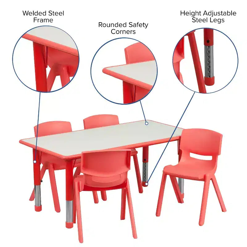 Ensemble table d'activités rectangulaire en plastique réglable en hauteur Flash Furniture 23,625W x 47,25L avec 4 chaises