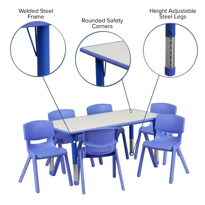 Emma et Oliver, ensemble table d'activités rectangulaire en plastique réglable en hauteur (60 cm x 120 cm) avec 6 chaises