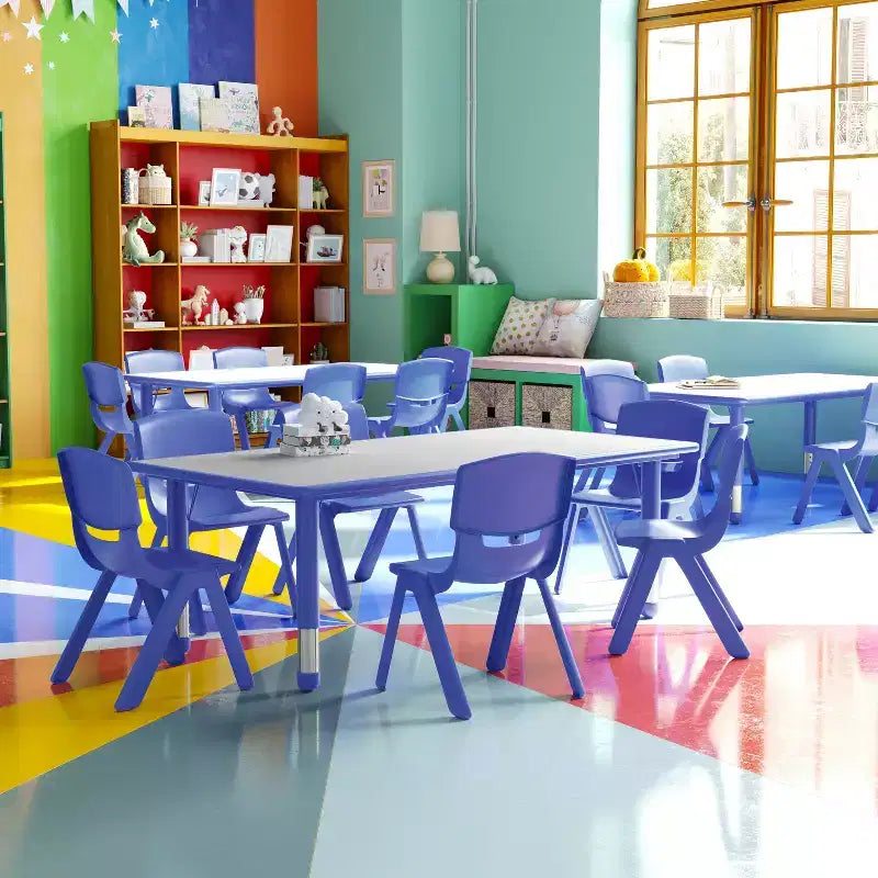 Emma and Oliver 23.625W x 47.25L Rectangular Plastic Height Adjustable Activity Table Set with 6 Chairs