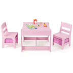 Costway 3 in 1 Kids Wood Table Chairs Set w/ Storage Box Blackboard Drawing Pink