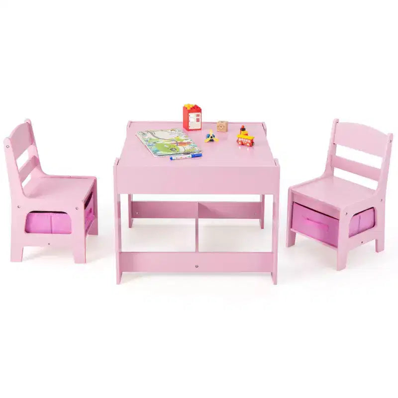 Costway 3 in 1 Kids Wood Table Chairs Set w/ Storage Box Blackboard Drawing Pink