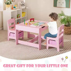 Costway Ensemble table et chaises 3 en 1 en bois pour enfants avec boîte de rangement tableau noir et dessin rose