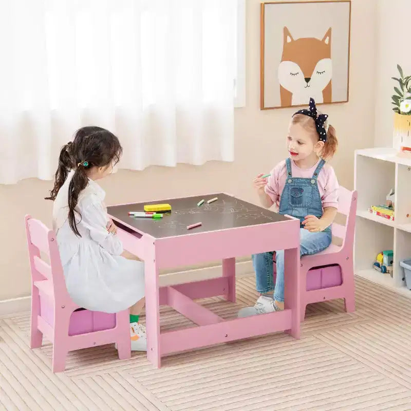 Costway Ensemble table et chaises 3 en 1 en bois pour enfants avec boîte de rangement tableau noir et dessin rose