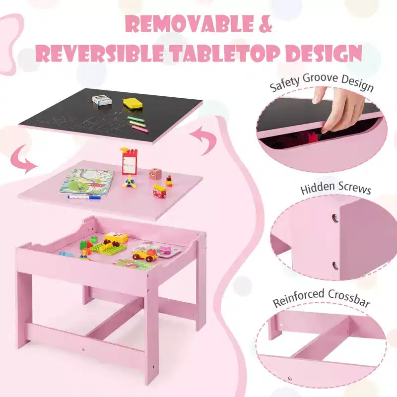 Costway Ensemble table et chaises 3 en 1 en bois pour enfants avec boîte de rangement tableau noir et dessin rose