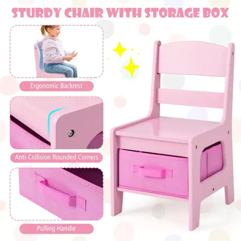 Costway Ensemble table et chaises 3 en 1 en bois pour enfants avec boîte de rangement tableau noir et dessin rose