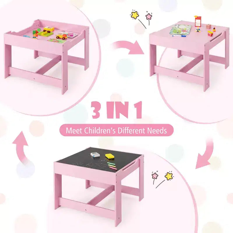 Costway Ensemble table et chaises 3 en 1 en bois pour enfants avec boîte de rangement tableau noir et dessin rose