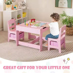 Costway Ensemble Table et Chaises d'Activités 3 en 1 en Bois avec Boîte de Rangement Rose