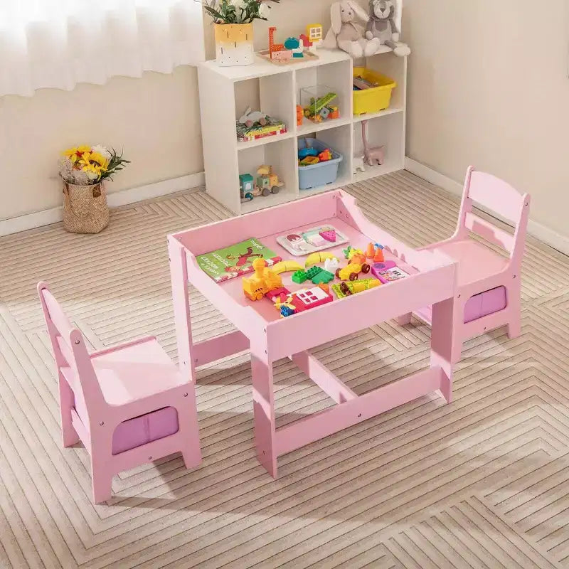 Costway Ensemble Table et Chaises d'Activités 3 en 1 en Bois avec Boîte de Rangement Rose