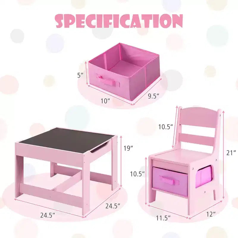 Costway Ensemble Table et Chaises d'Activités 3 en 1 en Bois avec Boîte de Rangement Rose