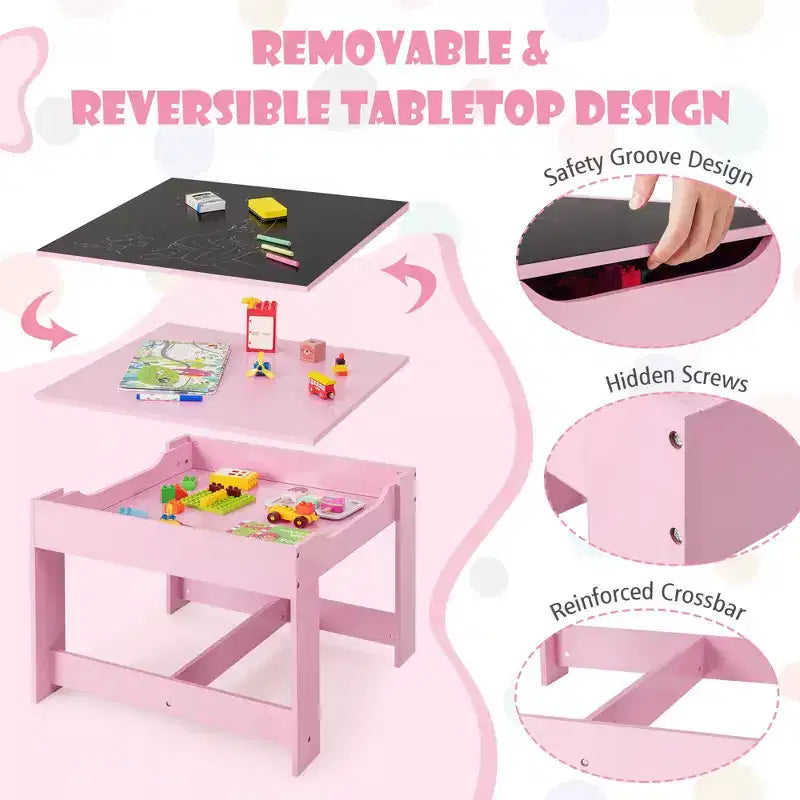 Costway Ensemble Table et Chaises d'Activités 3 en 1 en Bois avec Boîte de Rangement Rose