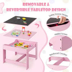 Costway Ensemble Table et Chaises d'Activités 3 en 1 en Bois avec Boîte de Rangement Rose