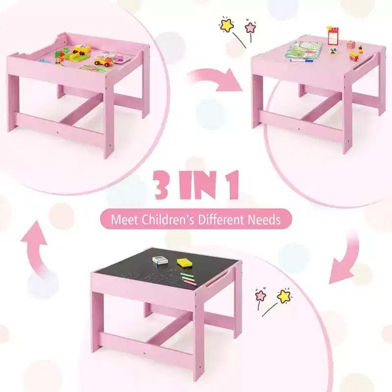 Costway Ensemble Table et Chaises d'Activités 3 en 1 en Bois avec Boîte de Rangement Rose