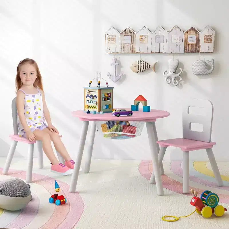 Costway Table Ronde en Bois pour Enfants et 2 Chaises avec Rangement Central en Filet Blanc/Bleu/Bleu Foncé/Rose/Violet